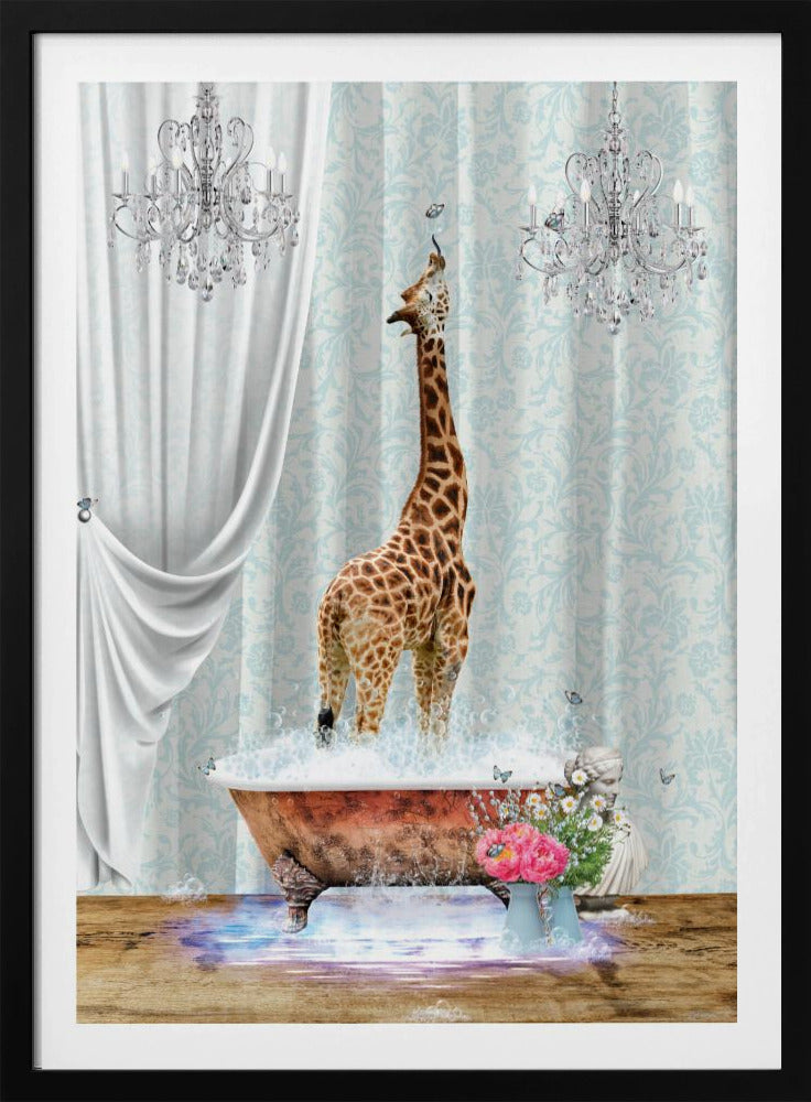 A surreal and whimsical artwork of a giraffe standing in a vintage clawfoot bathtub filled with bubbles. The bathroom is elegant, featuring light blue damask wallpaper, two crystal chandeliers, and a flowing white curtain. Butterflies flutter around the giraffe and a vase of pink and white flowers sits beside the tub. Artwork