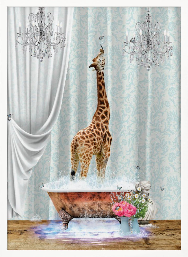 A surreal and whimsical artwork of a giraffe standing in a vintage clawfoot bathtub filled with bubbles. The bathroom is elegant, featuring light blue damask wallpaper, two crystal chandeliers, and a flowing white curtain. Butterflies flutter around the giraffe and a vase of pink and white flowers sits beside the tub. Artwork