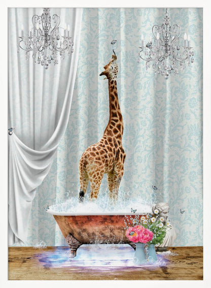 A surreal and whimsical artwork of a giraffe standing in a vintage clawfoot bathtub filled with bubbles. The bathroom is elegant, featuring light blue damask wallpaper, two crystal chandeliers, and a flowing white curtain. Butterflies flutter around the giraffe and a vase of pink and white flowers sits beside the tub. Artwork