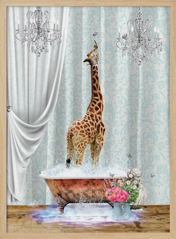 A surreal and whimsical artwork of a giraffe standing in a vintage clawfoot bathtub filled with bubbles. The bathroom is elegant, featuring light blue damask wallpaper, two crystal chandeliers, and a flowing white curtain. Butterflies flutter around the giraffe and a vase of pink and white flowers sits beside the tub. Artwork