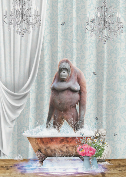A surreal and whimsical artwork of an orangutan standing in a bubbly, vintage clawfoot bathtub inside a lavishly decorated bathroom with crystal chandeliers, light blue damask wallpaper, and elegant white curtains. Poster