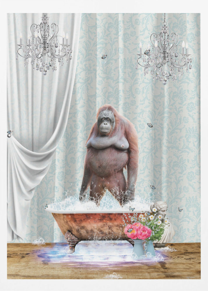 A surreal and whimsical artwork of an orangutan standing in a bubbly, vintage clawfoot bathtub inside a lavishly decorated bathroom with crystal chandeliers, light blue damask wallpaper, and elegant white curtains. Poster