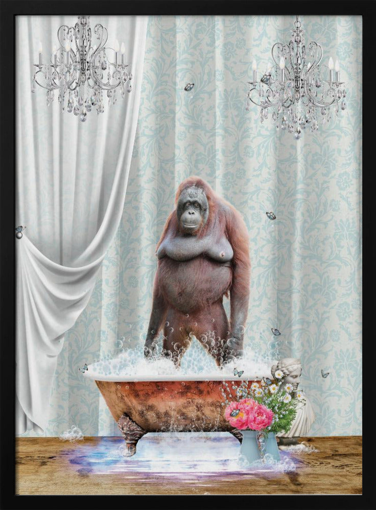 A surreal and whimsical artwork of an orangutan standing in a bubbly, vintage clawfoot bathtub inside a lavishly decorated bathroom with crystal chandeliers, light blue damask wallpaper, and elegant white curtains. Poster