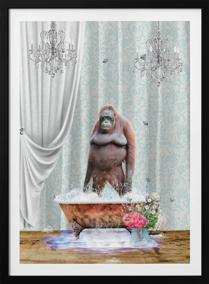 A surreal and whimsical artwork of an orangutan standing in a bubbly, vintage clawfoot bathtub inside a lavishly decorated bathroom with crystal chandeliers, light blue damask wallpaper, and elegant white curtains. Poster