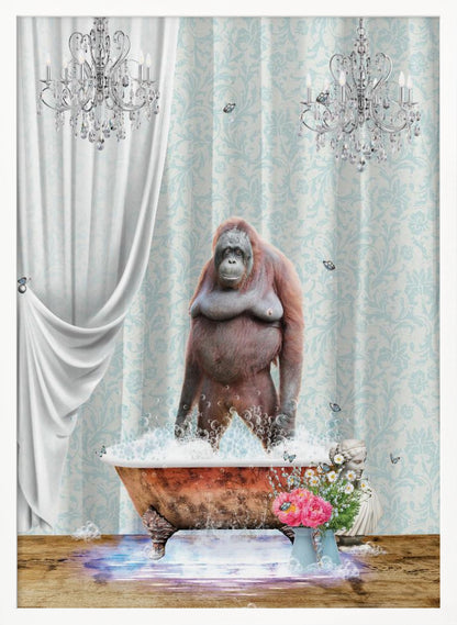 A surreal and whimsical artwork of an orangutan standing in a bubbly, vintage clawfoot bathtub inside a lavishly decorated bathroom with crystal chandeliers, light blue damask wallpaper, and elegant white curtains. Poster