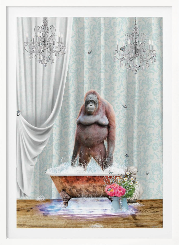 A surreal and whimsical artwork of an orangutan standing in a bubbly, vintage clawfoot bathtub inside a lavishly decorated bathroom with crystal chandeliers, light blue damask wallpaper, and elegant white curtains. Poster