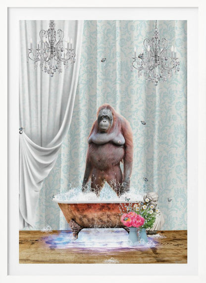 A surreal and whimsical artwork of an orangutan standing in a bubbly, vintage clawfoot bathtub inside a lavishly decorated bathroom with crystal chandeliers, light blue damask wallpaper, and elegant white curtains. Poster