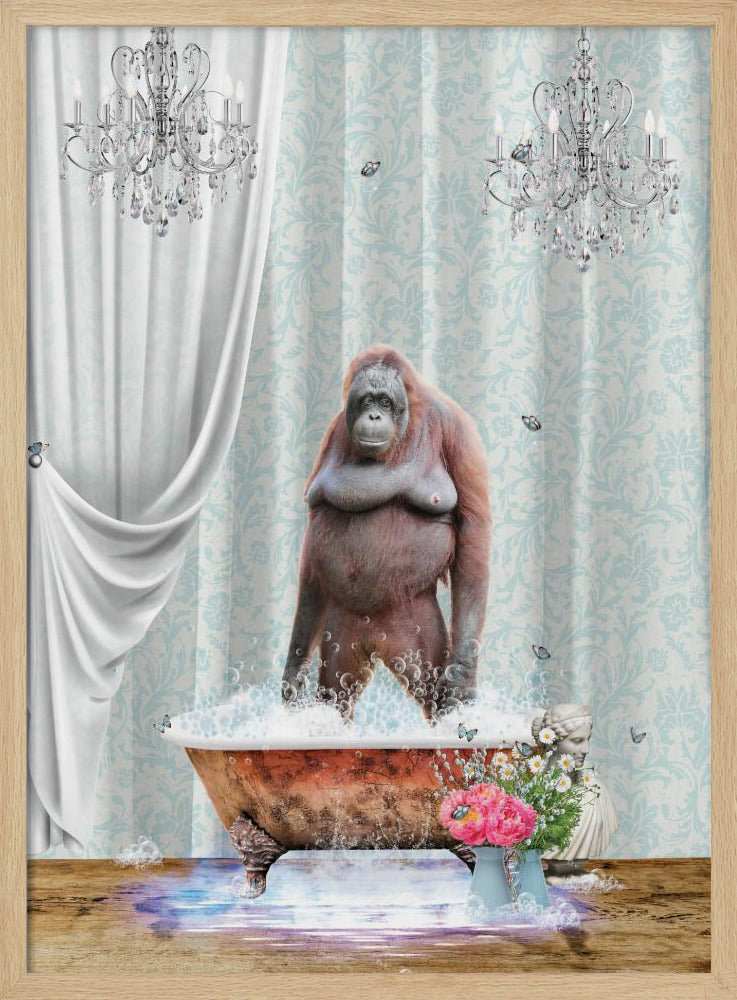 A surreal and whimsical artwork of an orangutan standing in a bubbly, vintage clawfoot bathtub inside a lavishly decorated bathroom with crystal chandeliers, light blue damask wallpaper, and elegant white curtains. Poster