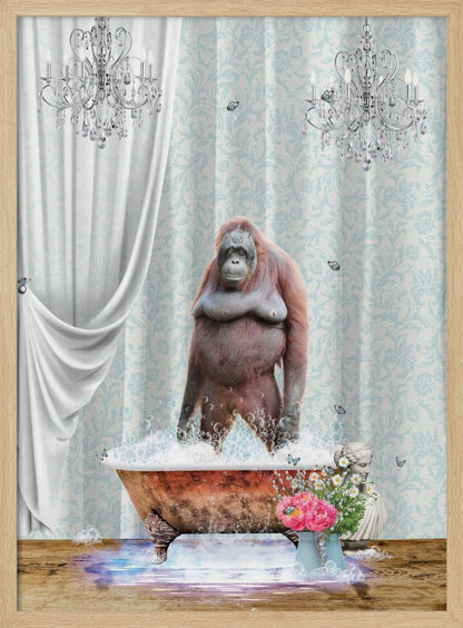 A surreal and whimsical artwork of an orangutan standing in a bubbly, vintage clawfoot bathtub inside a lavishly decorated bathroom with crystal chandeliers, light blue damask wallpaper, and elegant white curtains. Poster