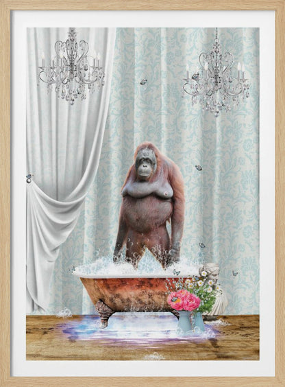 A surreal and whimsical artwork of an orangutan standing in a bubbly, vintage clawfoot bathtub inside a lavishly decorated bathroom with crystal chandeliers, light blue damask wallpaper, and elegant white curtains. Poster
