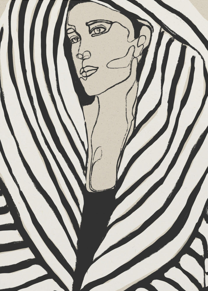 A modern, framed line art portrait of a woman. Her face is rendered in simple black outlines on a beige background, and she is wrapped in a voluminous garment with bold, graphic black and off-white stripes, creating a zebra-like pattern. Wall Art