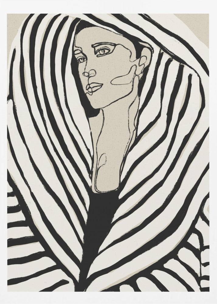 A modern, framed line art portrait of a woman. Her face is rendered in simple black outlines on a beige background, and she is wrapped in a voluminous garment with bold, graphic black and off-white stripes, creating a zebra-like pattern. Wall Art