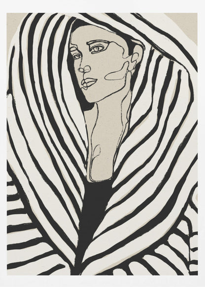 A modern, framed line art portrait of a woman. Her face is rendered in simple black outlines on a beige background, and she is wrapped in a voluminous garment with bold, graphic black and off-white stripes, creating a zebra-like pattern. Wall Art