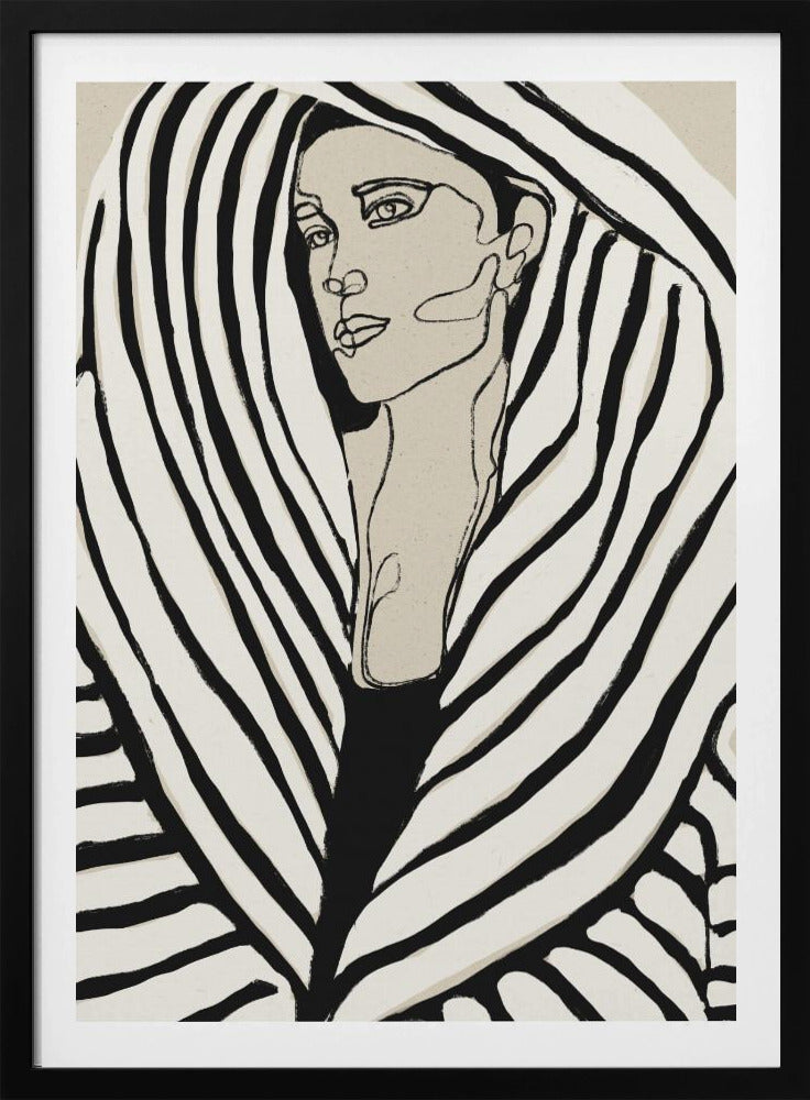 A modern, framed line art portrait of a woman. Her face is rendered in simple black outlines on a beige background, and she is wrapped in a voluminous garment with bold, graphic black and off-white stripes, creating a zebra-like pattern. Wall Art