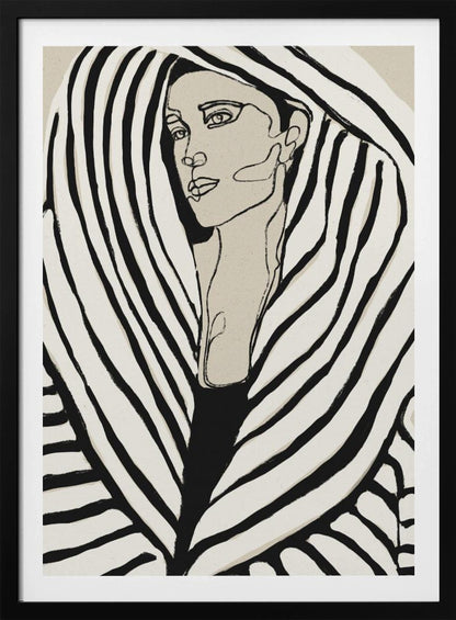A modern, framed line art portrait of a woman. Her face is rendered in simple black outlines on a beige background, and she is wrapped in a voluminous garment with bold, graphic black and off-white stripes, creating a zebra-like pattern. Wall Art