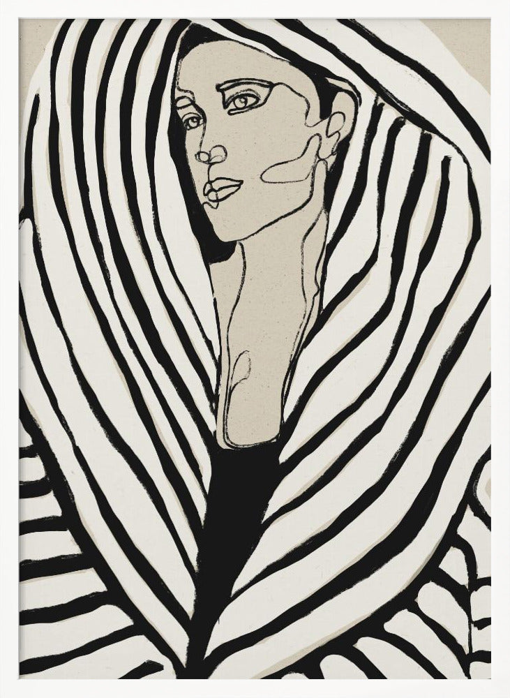 A modern, framed line art portrait of a woman. Her face is rendered in simple black outlines on a beige background, and she is wrapped in a voluminous garment with bold, graphic black and off-white stripes, creating a zebra-like pattern. Wall Art