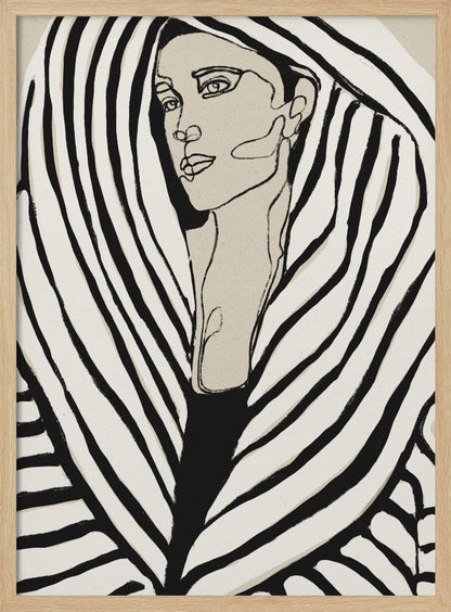 A modern, framed line art portrait of a woman. Her face is rendered in simple black outlines on a beige background, and she is wrapped in a voluminous garment with bold, graphic black and off-white stripes, creating a zebra-like pattern. Wall Art
