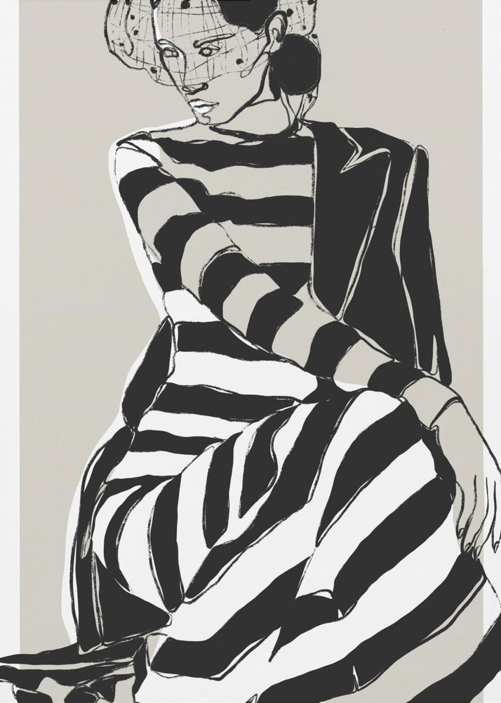 A modern, graphic illustration of a woman in a black and white striped dress and a black blazer. She sits with a pensive expression, wearing a stylish hat with a veil, against a neutral beige background. Wall Art