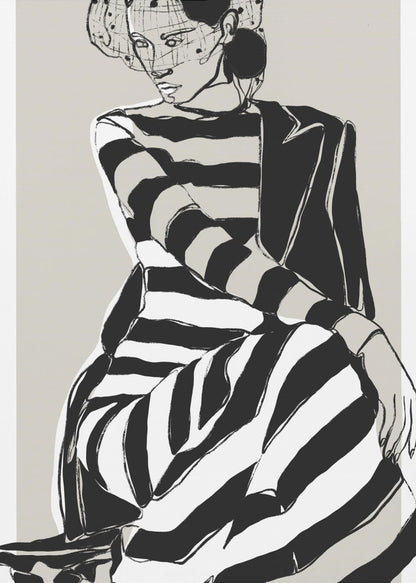 A modern, graphic illustration of a woman in a black and white striped dress and a black blazer. She sits with a pensive expression, wearing a stylish hat with a veil, against a neutral beige background. Wall Art