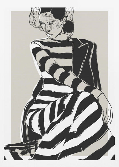 A modern, graphic illustration of a woman in a black and white striped dress and a black blazer. She sits with a pensive expression, wearing a stylish hat with a veil, against a neutral beige background. Wall Art