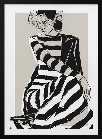 A modern, graphic illustration of a woman in a black and white striped dress and a black blazer. She sits with a pensive expression, wearing a stylish hat with a veil, against a neutral beige background. Wall Art