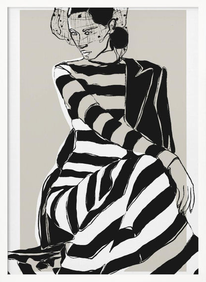 A modern, graphic illustration of a woman in a black and white striped dress and a black blazer. She sits with a pensive expression, wearing a stylish hat with a veil, against a neutral beige background. Wall Art