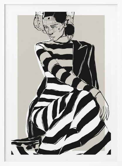 A modern, graphic illustration of a woman in a black and white striped dress and a black blazer. She sits with a pensive expression, wearing a stylish hat with a veil, against a neutral beige background. Wall Art