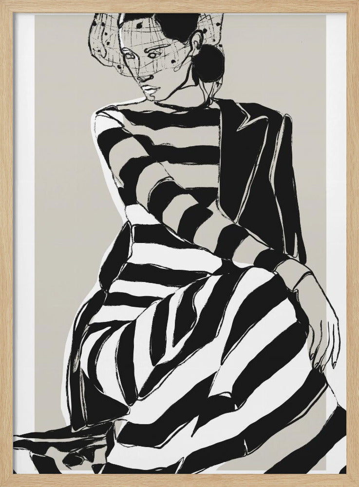 A modern, graphic illustration of a woman in a black and white striped dress and a black blazer. She sits with a pensive expression, wearing a stylish hat with a veil, against a neutral beige background. Wall Art