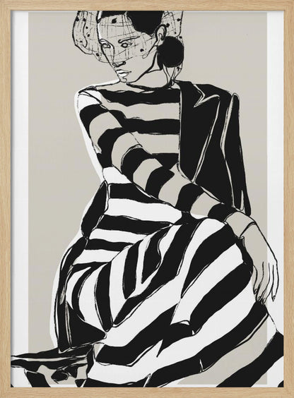 A modern, graphic illustration of a woman in a black and white striped dress and a black blazer. She sits with a pensive expression, wearing a stylish hat with a veil, against a neutral beige background. Wall Art