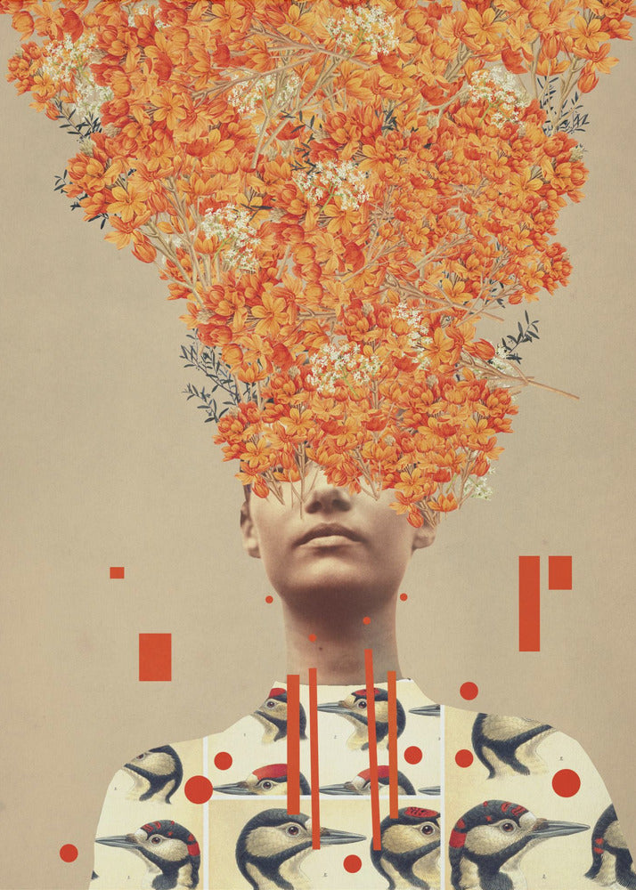 A surrealist collage featuring a portrait of a person whose head is replaced by an explosive bouquet of vibrant orange flowers. The person is wearing a shirt patterned with vintage illustrations of woodpeckers, and the composition is set against a neutral beige background with abstract red geometric shapes. Wall Art