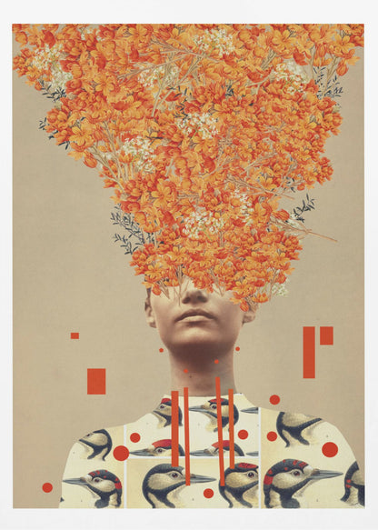 A surrealist collage featuring a portrait of a person whose head is replaced by an explosive bouquet of vibrant orange flowers. The person is wearing a shirt patterned with vintage illustrations of woodpeckers, and the composition is set against a neutral beige background with abstract red geometric shapes. Wall Art