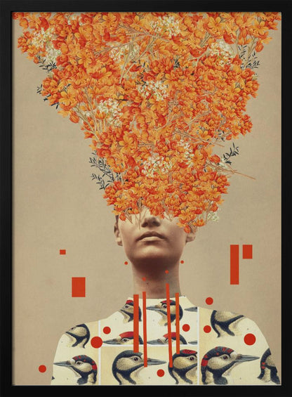 A surrealist collage featuring a portrait of a person whose head is replaced by an explosive bouquet of vibrant orange flowers. The person is wearing a shirt patterned with vintage illustrations of woodpeckers, and the composition is set against a neutral beige background with abstract red geometric shapes. Wall Art