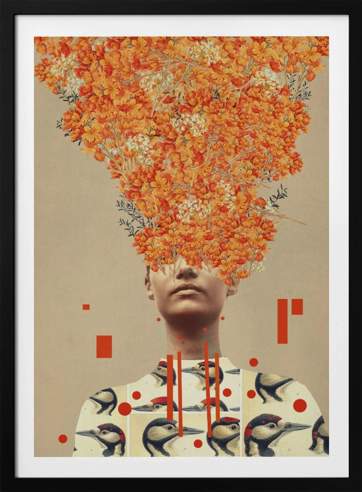 A surrealist collage featuring a portrait of a person whose head is replaced by an explosive bouquet of vibrant orange flowers. The person is wearing a shirt patterned with vintage illustrations of woodpeckers, and the composition is set against a neutral beige background with abstract red geometric shapes. Wall Art