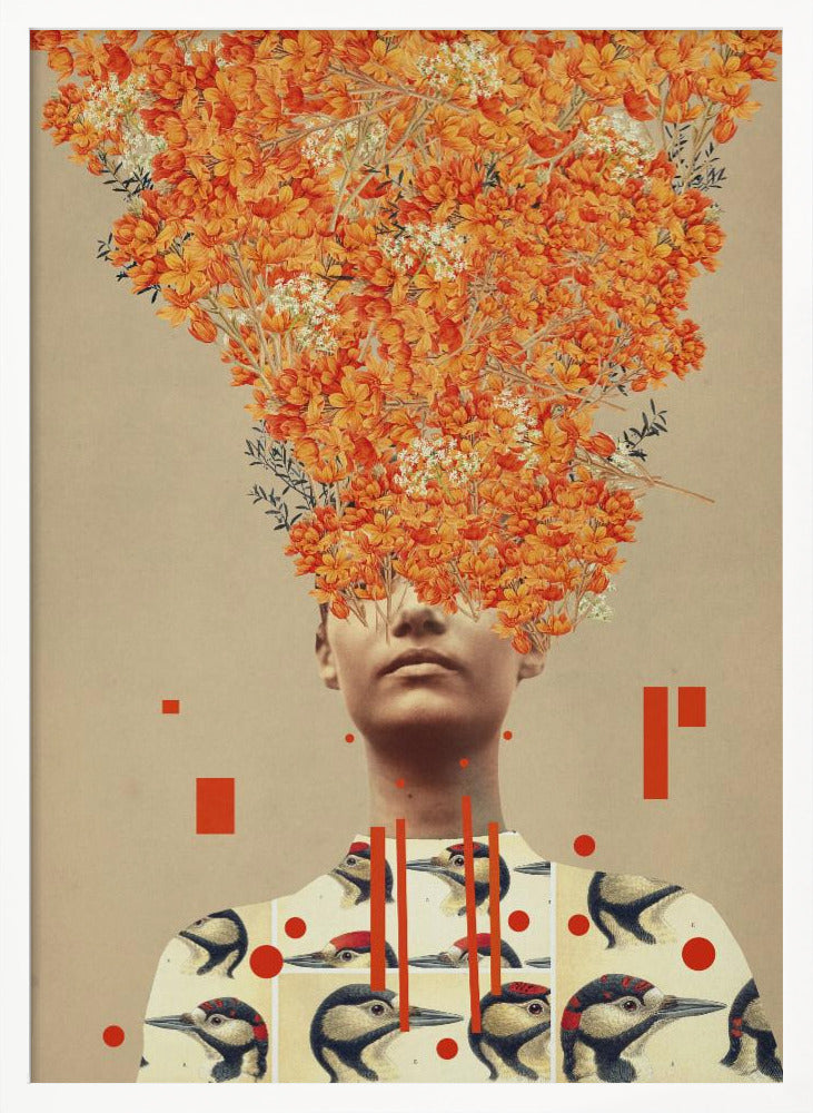 A surrealist collage featuring a portrait of a person whose head is replaced by an explosive bouquet of vibrant orange flowers. The person is wearing a shirt patterned with vintage illustrations of woodpeckers, and the composition is set against a neutral beige background with abstract red geometric shapes. Wall Art
