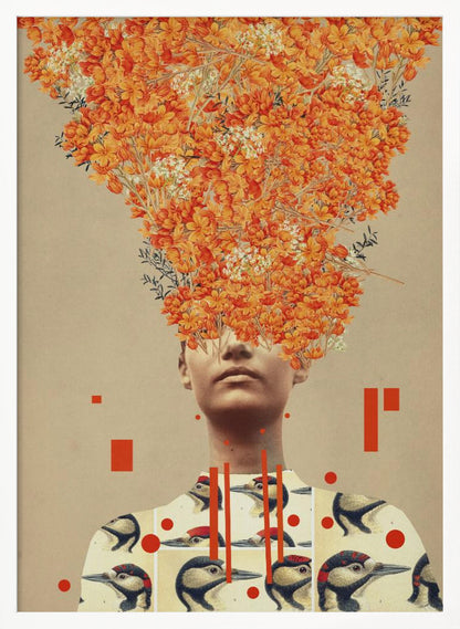 A surrealist collage featuring a portrait of a person whose head is replaced by an explosive bouquet of vibrant orange flowers. The person is wearing a shirt patterned with vintage illustrations of woodpeckers, and the composition is set against a neutral beige background with abstract red geometric shapes. Wall Art