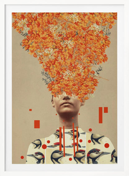 A surrealist collage featuring a portrait of a person whose head is replaced by an explosive bouquet of vibrant orange flowers. The person is wearing a shirt patterned with vintage illustrations of woodpeckers, and the composition is set against a neutral beige background with abstract red geometric shapes. Wall Art