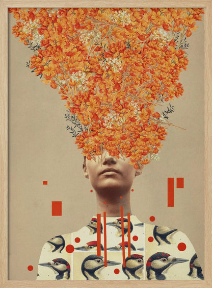 A surrealist collage featuring a portrait of a person whose head is replaced by an explosive bouquet of vibrant orange flowers. The person is wearing a shirt patterned with vintage illustrations of woodpeckers, and the composition is set against a neutral beige background with abstract red geometric shapes. Wall Art