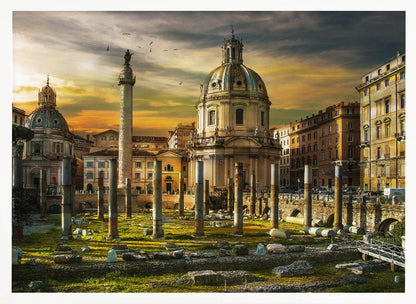 A framed photograph of Trajan's Forum in Rome, Italy, during a dramatic sunset. The foreground is filled with ancient stone columns and ruins on a grassy field, leading to the prominent Trajan's Column and the domed Church of the Most Holy Name of Mary against a golden and dark cloudy sky. Wall Art