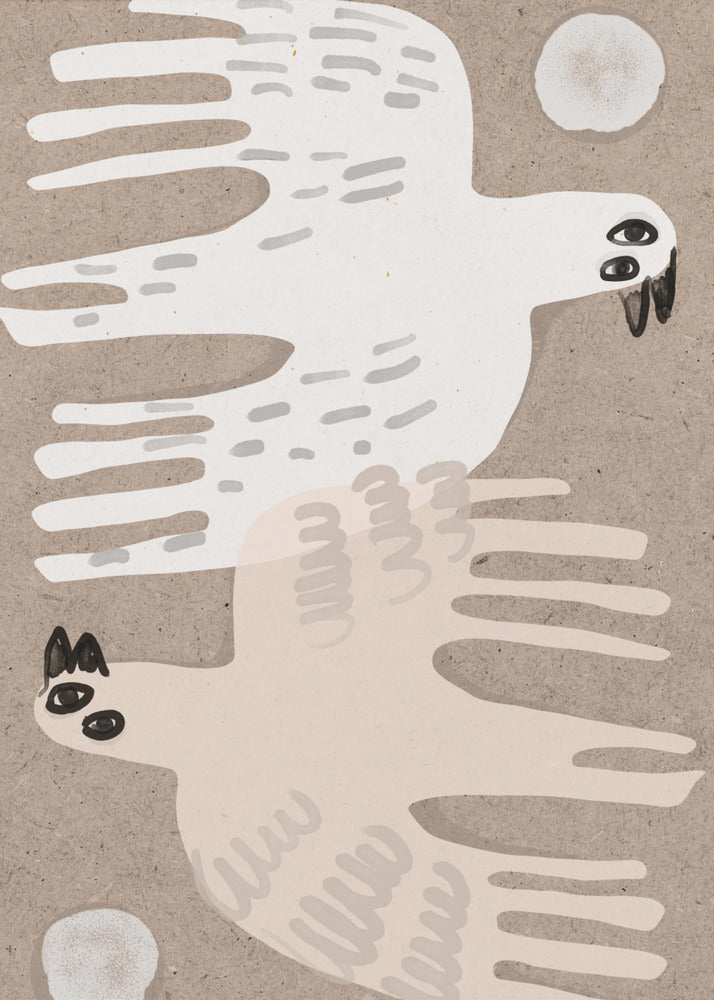 A framed folk-art style illustration featuring two stylized birds on a textured beige background. An off-white bird flies to the right at the top, and a pale pink bird flies to the left at the bottom, with small white circles in the corners. Decor