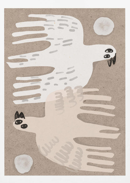 A framed folk-art style illustration featuring two stylized birds on a textured beige background. An off-white bird flies to the right at the top, and a pale pink bird flies to the left at the bottom, with small white circles in the corners. Decor