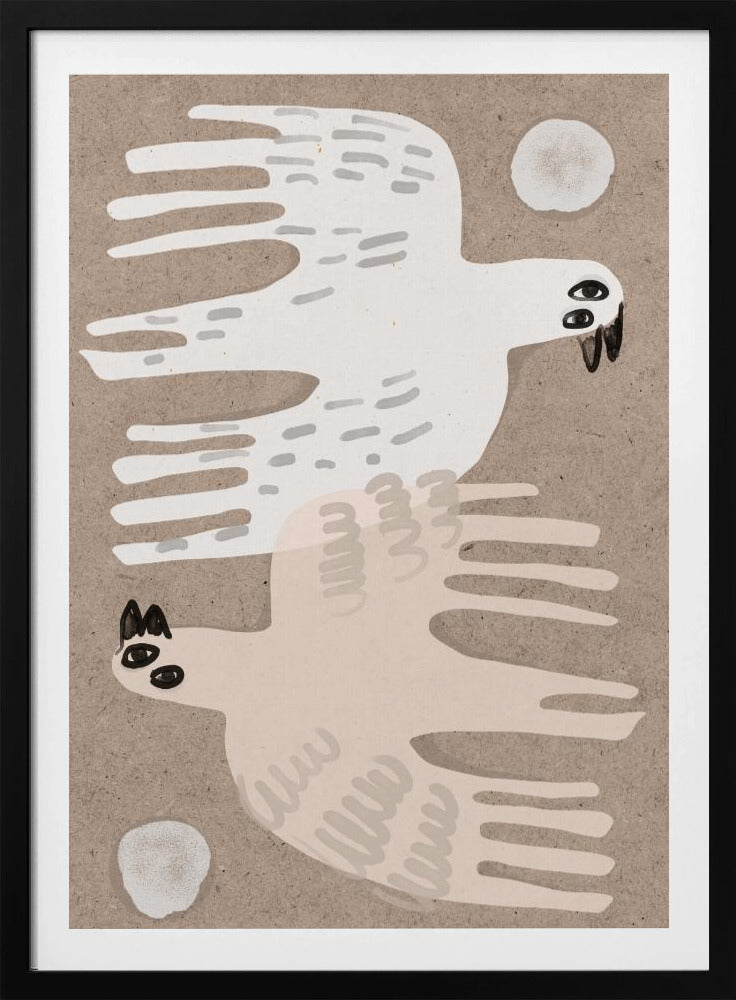 A framed folk-art style illustration featuring two stylized birds on a textured beige background. An off-white bird flies to the right at the top, and a pale pink bird flies to the left at the bottom, with small white circles in the corners. Decor