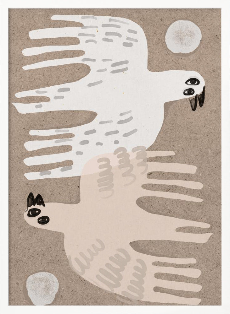 A framed folk-art style illustration featuring two stylized birds on a textured beige background. An off-white bird flies to the right at the top, and a pale pink bird flies to the left at the bottom, with small white circles in the corners. Decor