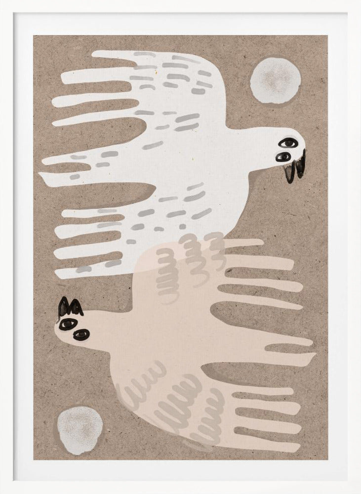 A framed folk-art style illustration featuring two stylized birds on a textured beige background. An off-white bird flies to the right at the top, and a pale pink bird flies to the left at the bottom, with small white circles in the corners. Decor
