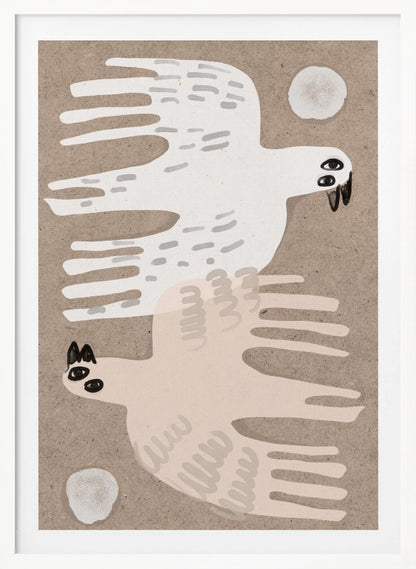 A framed folk-art style illustration featuring two stylized birds on a textured beige background. An off-white bird flies to the right at the top, and a pale pink bird flies to the left at the bottom, with small white circles in the corners. Decor