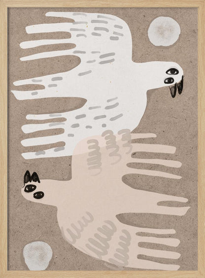 A framed folk-art style illustration featuring two stylized birds on a textured beige background. An off-white bird flies to the right at the top, and a pale pink bird flies to the left at the bottom, with small white circles in the corners. Decor