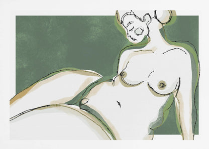 A stylized, abstract line drawing of a nude woman reclining against a solid dark green background. Her body is rendered in shades of white and beige with green shadow accents and is outlined in loose, expressive black ink lines. Her face is in profile with her eyes closed. Poster