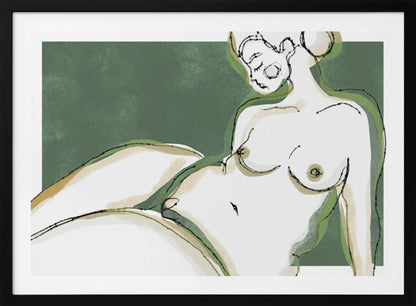 A stylized, abstract line drawing of a nude woman reclining against a solid dark green background. Her body is rendered in shades of white and beige with green shadow accents and is outlined in loose, expressive black ink lines. Her face is in profile with her eyes closed. Poster