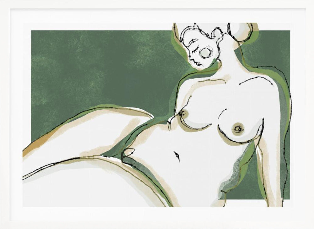 A stylized, abstract line drawing of a nude woman reclining against a solid dark green background. Her body is rendered in shades of white and beige with green shadow accents and is outlined in loose, expressive black ink lines. Her face is in profile with her eyes closed. Poster