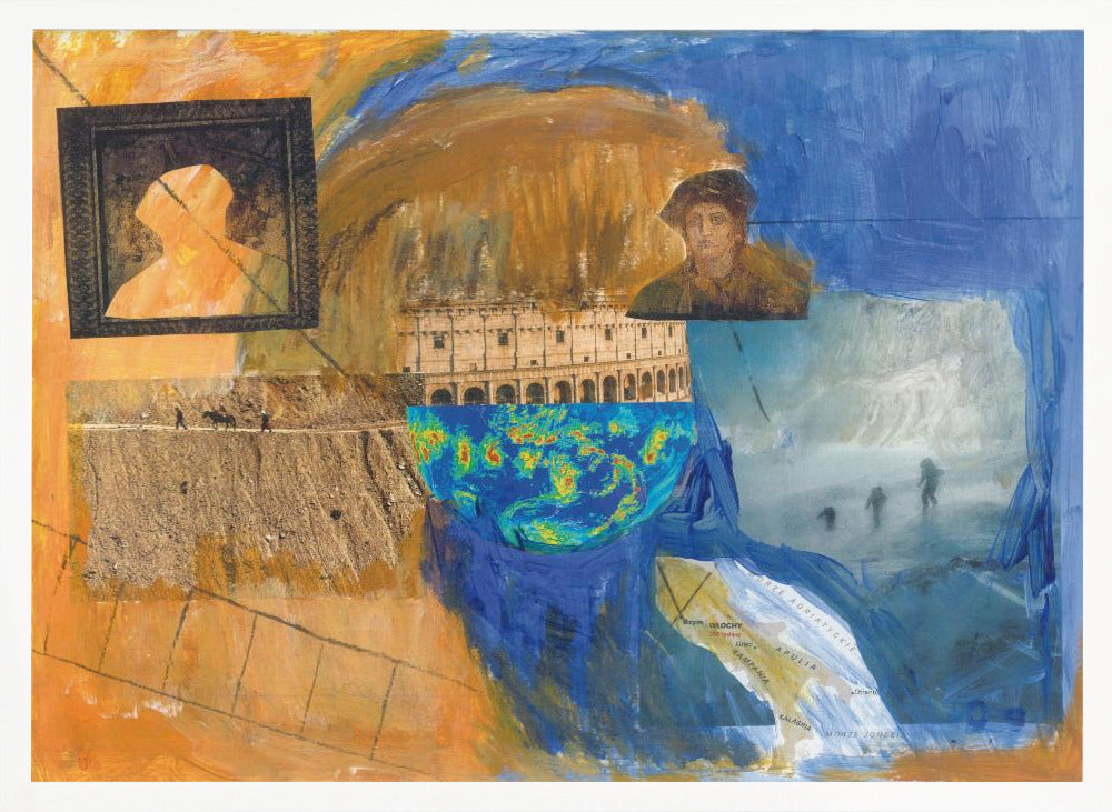 An abstract mixed-media collage in a silver frame, featuring prominent blue and orange painted sections. The collage includes images of the Roman Colosseum, a weather map, a framed silhouette, a historical portrait, a map of Italy, and various photographic scenes, creating a layered and complex composition. Wall Art