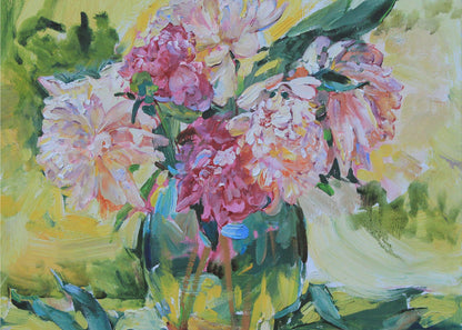 An impressionistic painting of a lush bouquet of pink and white peonies in a glass vase. The background is a vibrant mix of yellow and green, and the entire piece is characterized by thick, textured brushstrokes and set within a silver frame. Artwork